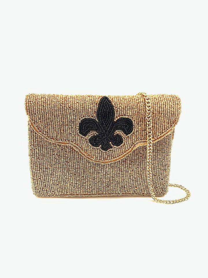 Gold Beaded Mini Clutch with Black Fleur De Lis