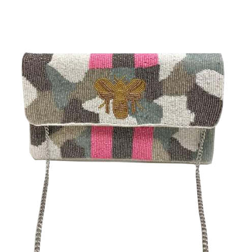 Camo Beaded Clutch with Pink Stripe