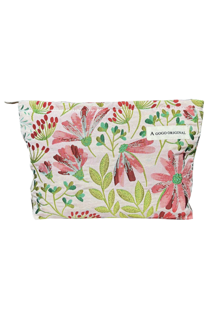 Floral Print Textured Cosmetic Bag- Pink