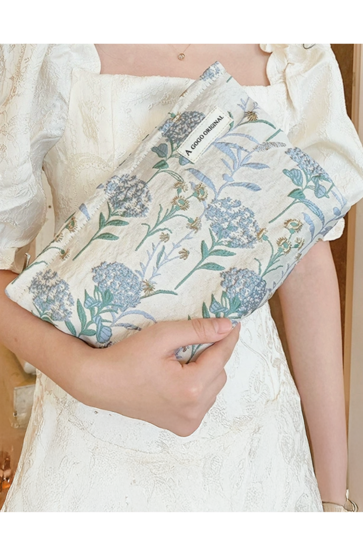 Blue Flower Textured Cosmetic Bag Travel Toiletry Bag