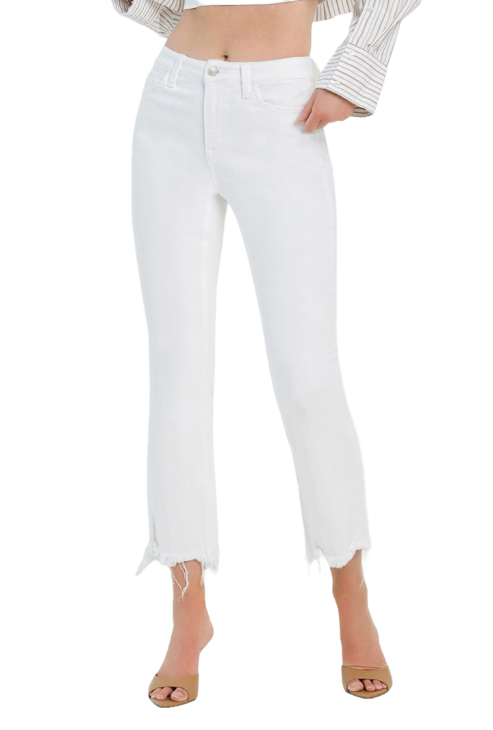 White High Rise Uneven Raw Hem Crop Flare Jeans