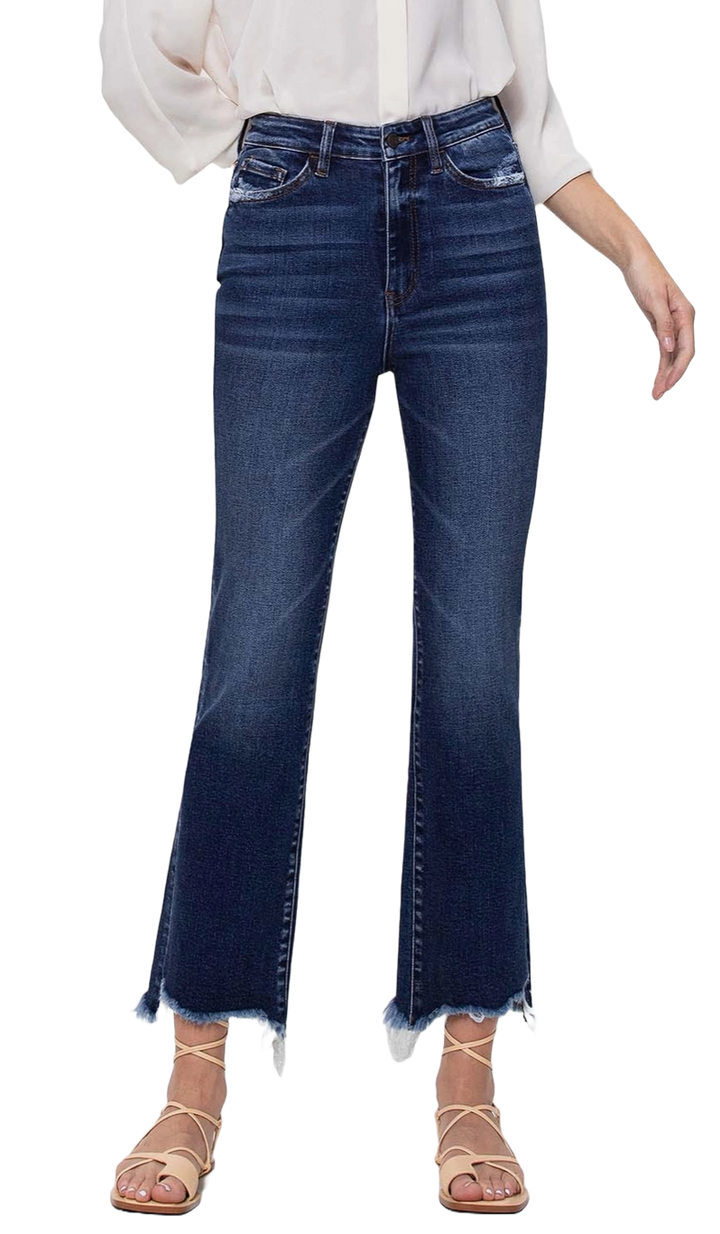 High Rise Ankle Flare Jeans With Uneven Frayed Hem