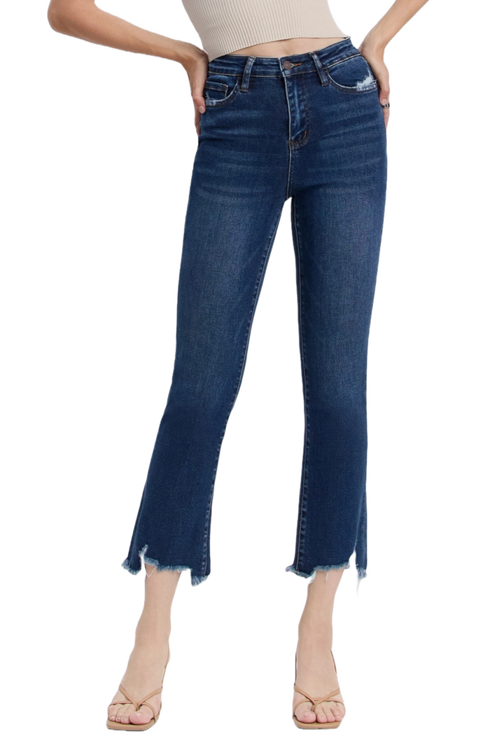 High Rise Distressed Hem Kick Flare Jeans
