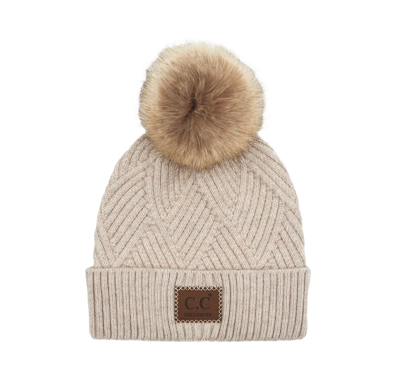 Diagonal Stripes Cross Pattern Pom Beanie- Beige