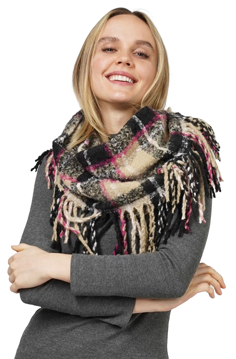 Soft Knit Plaid Tassel Infiniti Scarf - Black