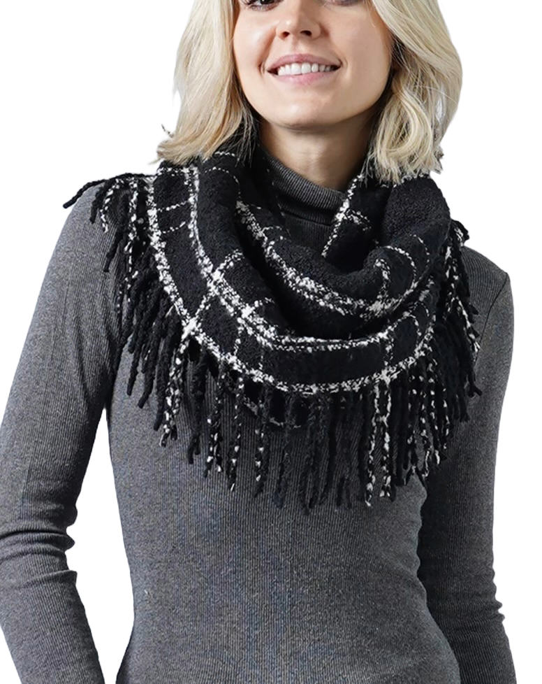 Two Tone Plaid Infinity with Fringe- Black