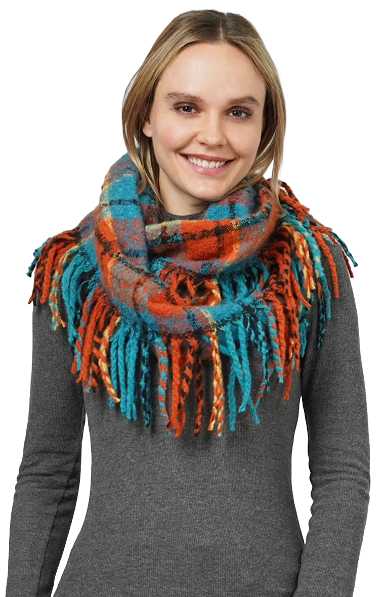 Soft Knit Plaid Tassel Infiniti Scarf - Teal Multi