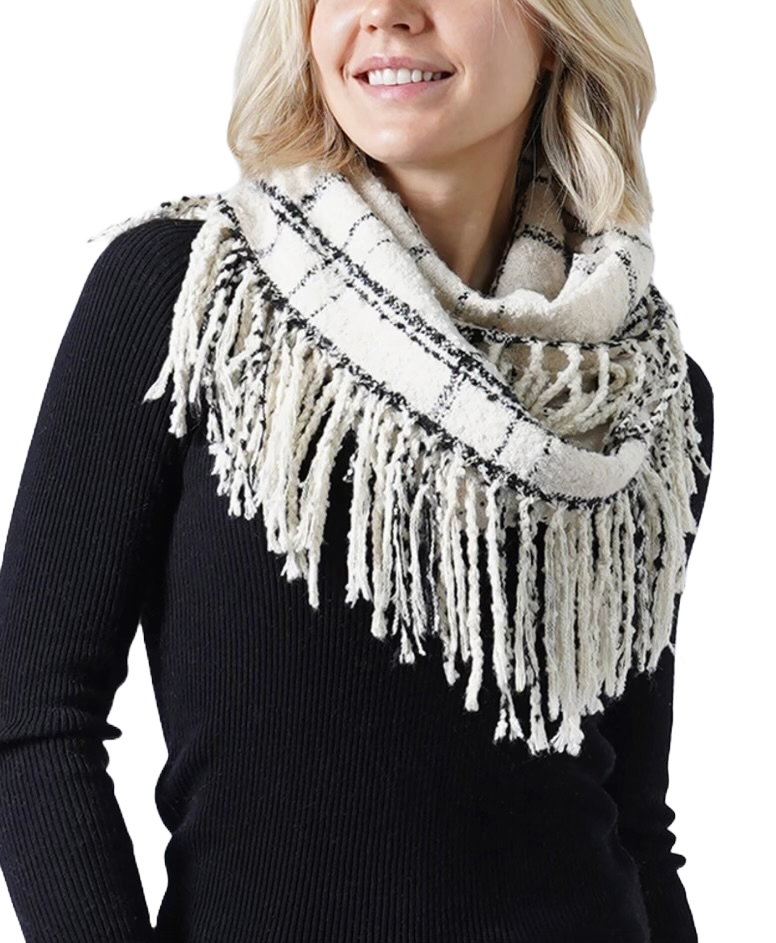Two Tone Plaid Infinity with Fringe- White