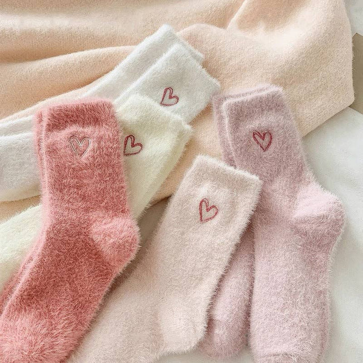 Cute Heart Embroidery Fuzzy Plush Socks