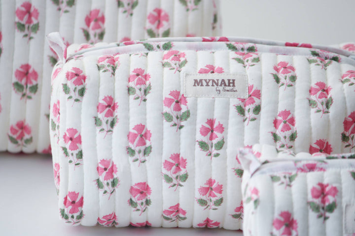Quilted block print floral Makeup Bag- Choose From 3 Sizes