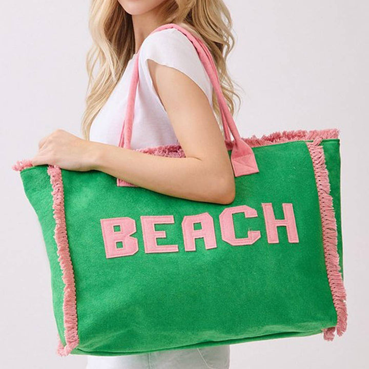 Embroidered Beach Letter Terry Cloth Frayed Tote Bag- Green