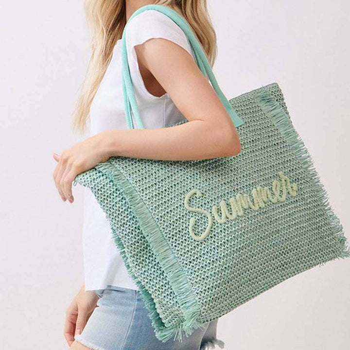 Woven Straw Fringe Tote With Summer Embroidery