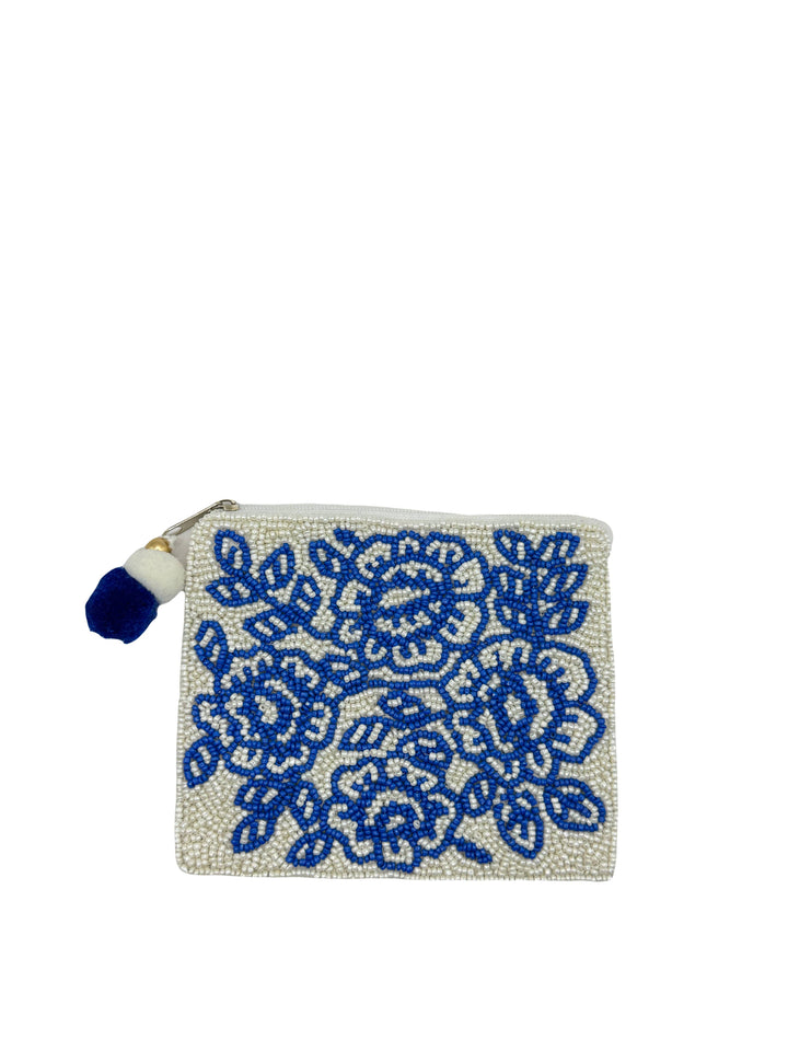 Blue Floral Beaded Coin Pouch