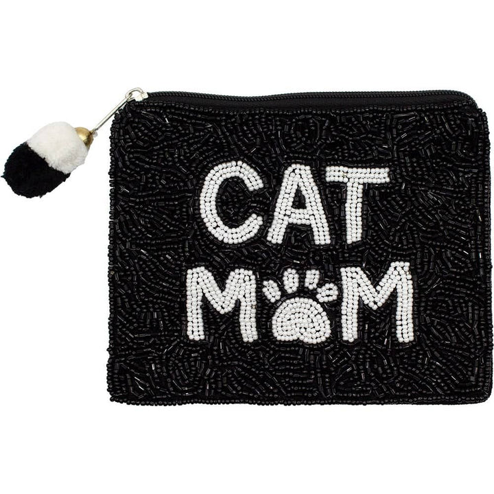 Black Cat Mom Beaded Coin Pouch