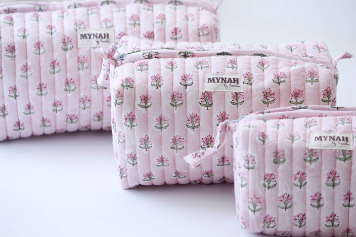 Rosy Mist Block print Makeup Bag- Choose from 3 Sizes