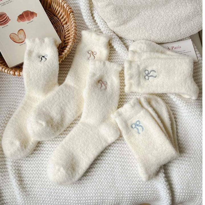 Bow Embroidery Fuzzy Socks