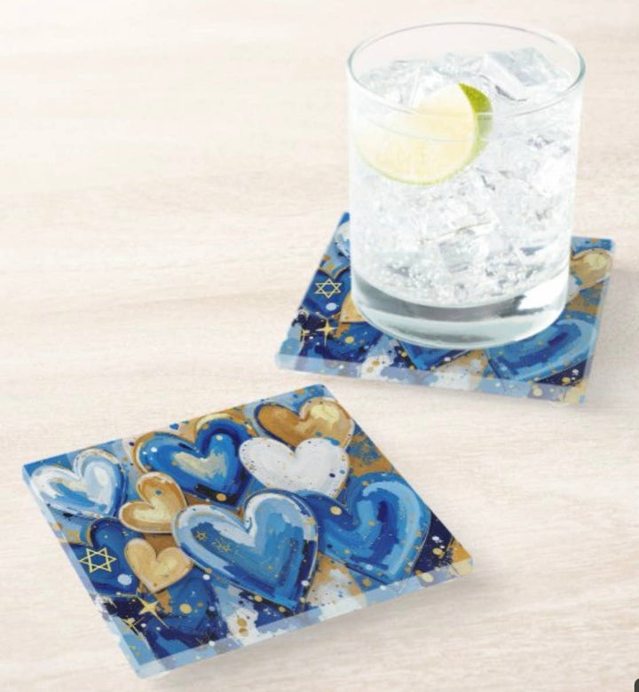 Abstract Hanukkah Hearts  Coaster Set- Set of 4      