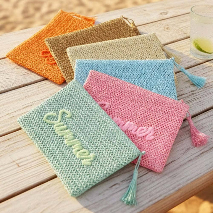 Woven Straw Pouch With Embroidery & Gold Lurex