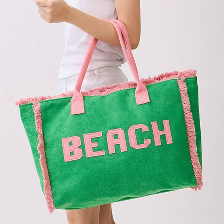 Embroidered Beach Letter Terry Cloth Frayed Tote Bag- Green