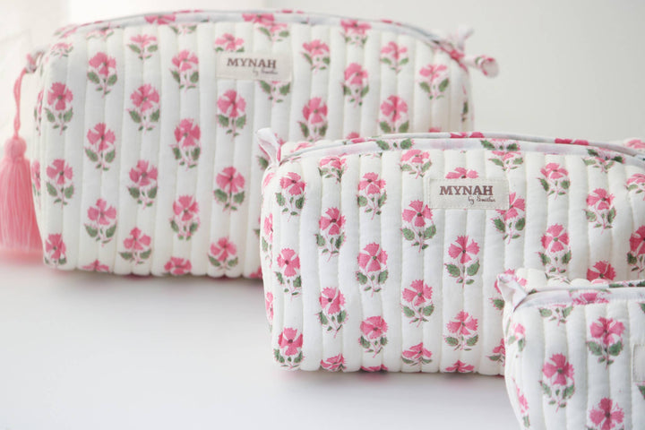Quilted block print floral Makeup Bag- Choose From 3 Sizes