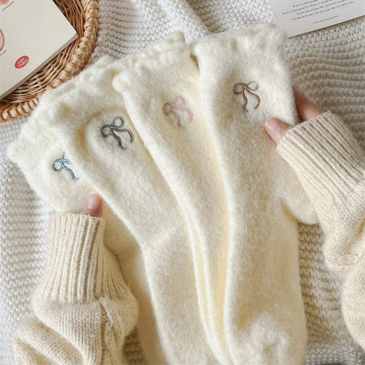 Bow Embroidery Fuzzy Socks