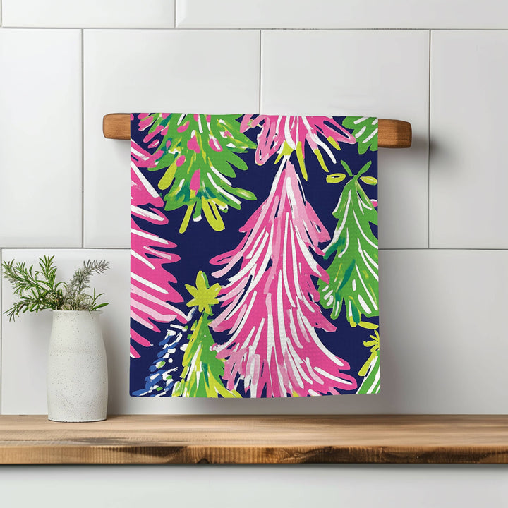 Preppy Navy Pink Chinoiserie Christmas Kitchen Towel Lime