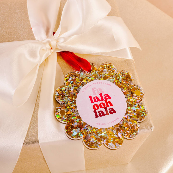 Scalloped Round Picture Frame Ornament-Gold Glitter