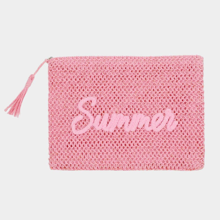 Woven Straw Pouch With Embroidery & Gold Lurex
