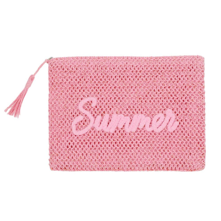 Woven Straw Pouch With Embroidery & Gold Lurex
