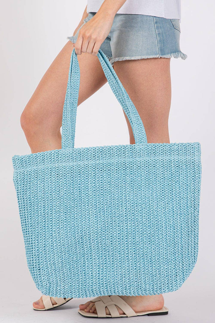 Solid Crochet Straw Tote Bag- Blue