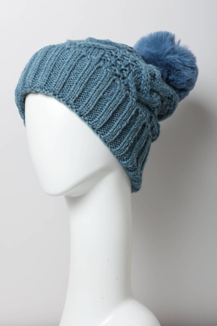 Cable Knit Pom Beanie with Thermal Lining: Blue