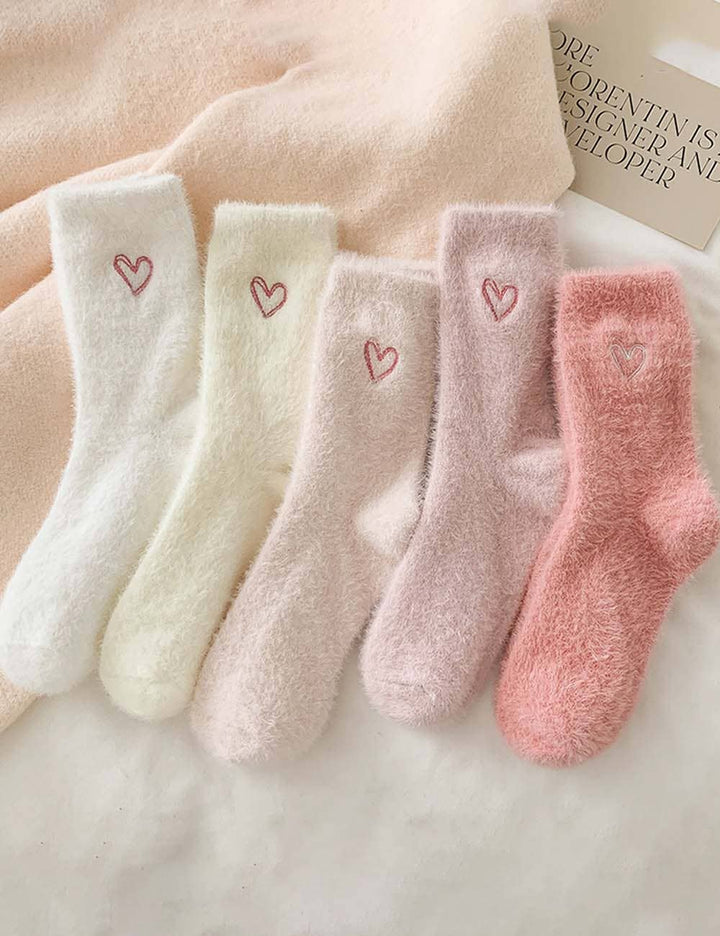 Cute Heart Embroidery Fuzzy Plush Socks