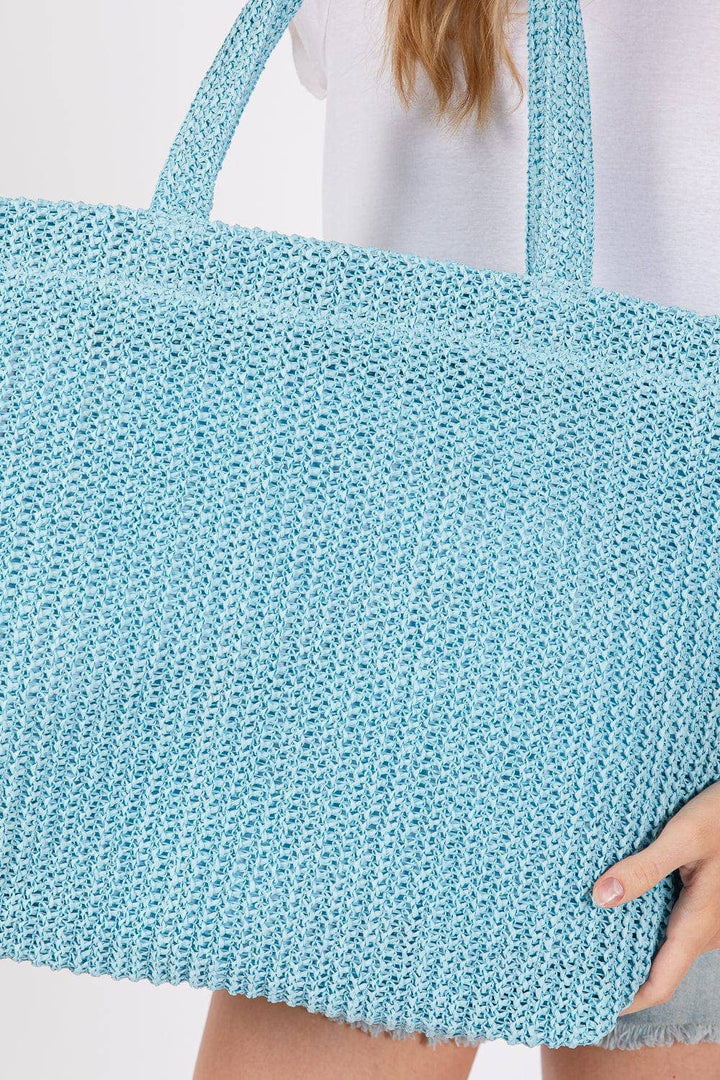 Solid Crochet Straw Tote Bag- Blue