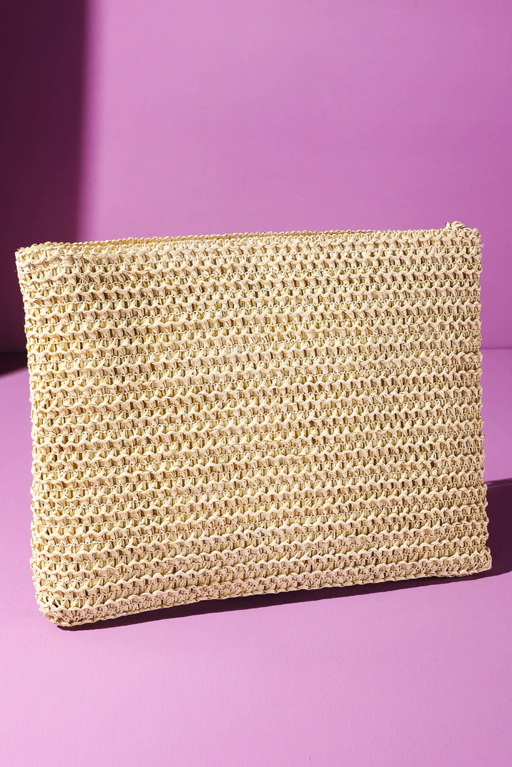 Woven Straw Pouch With Embroidery & Gold Lurex