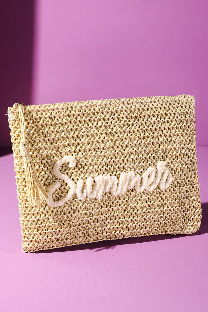 Woven Straw Pouch With Embroidery & Gold Lurex