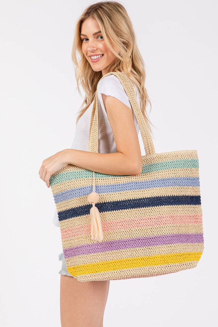 Pastel Pom Pom Tassel Multi Color Striped Straw Crochet Tote Bag