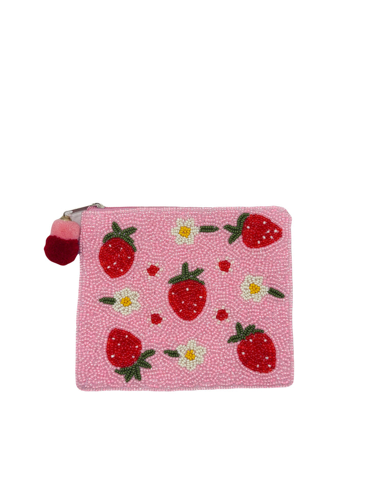 Strawberry Flower Beaded Coin Pouch