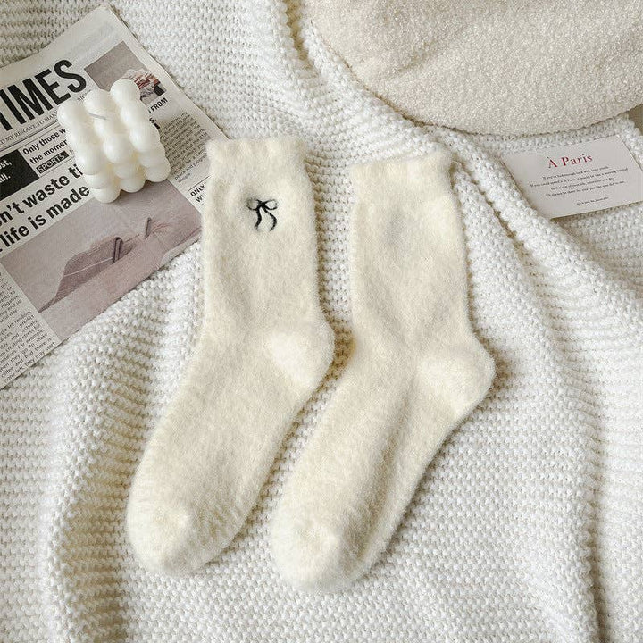 Bow Embroidery Fuzzy Socks
