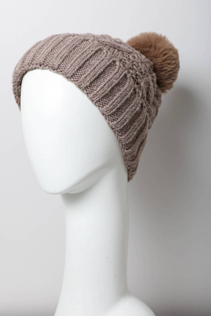 Cable Knit Pom Beanie with Thermal Lining: Gray