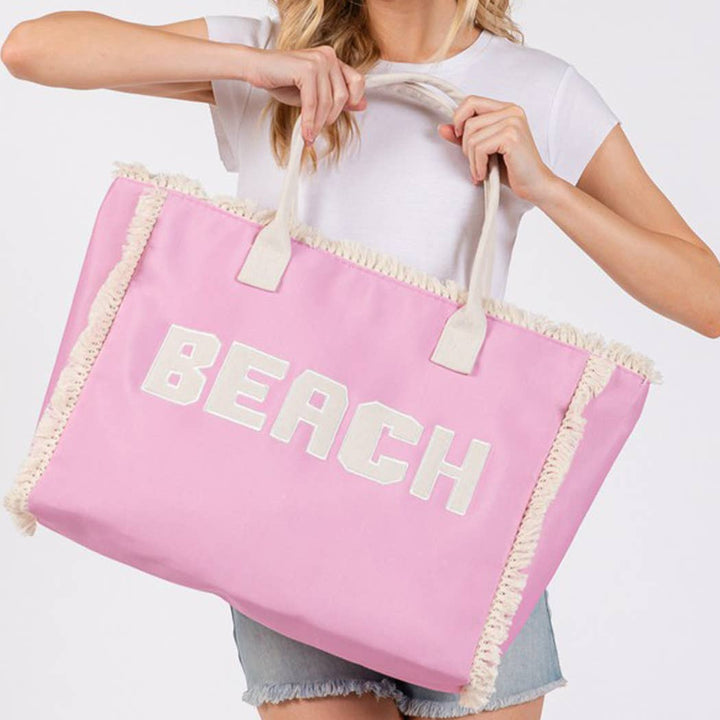 EMBROIDERED BEACH LETTER FRINGE TOTE BAG
