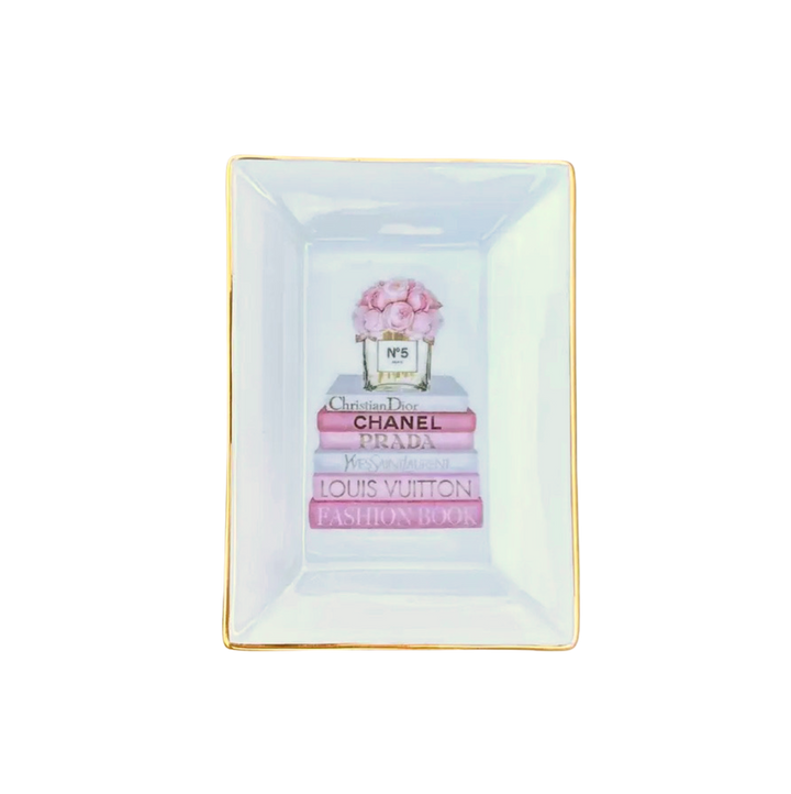 Book Stack Chinoiserie Porcelain Trinket Tray, Pink