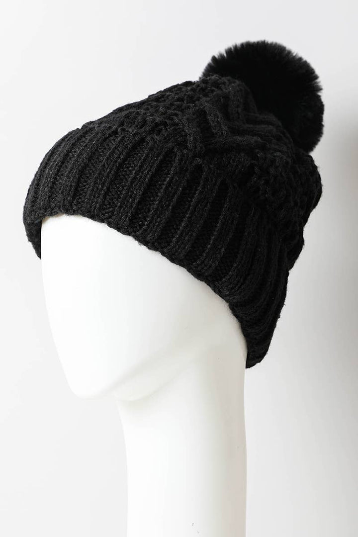 Cable Knit Pom Beanie with Thermal Lining: Black