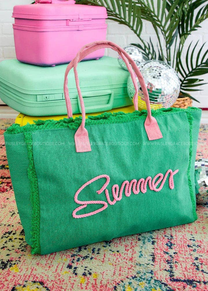 Sewn Rope Summer Letter Fringe Tote Bag- Green