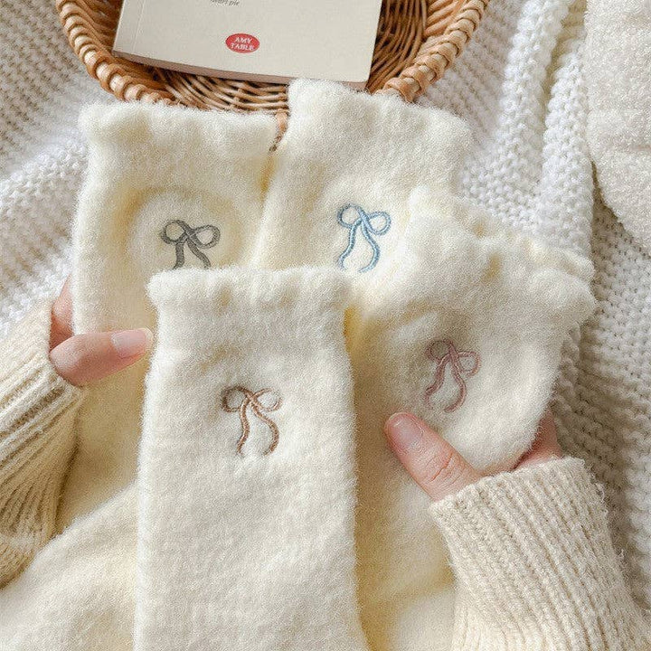Bow Embroidery Fuzzy Socks