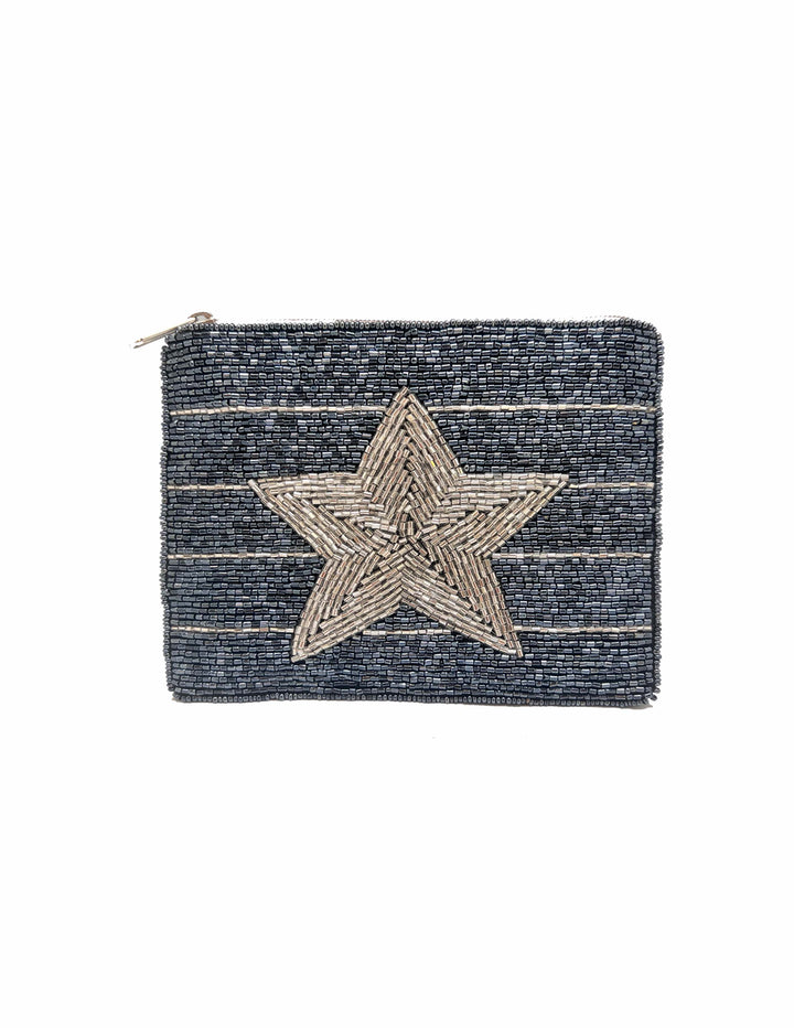 Silver Star Navy Beaded Coin Pouch