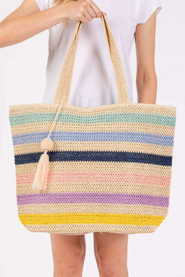 Pastel Pom Pom Tassel Multi Color Striped Straw Crochet Tote Bag