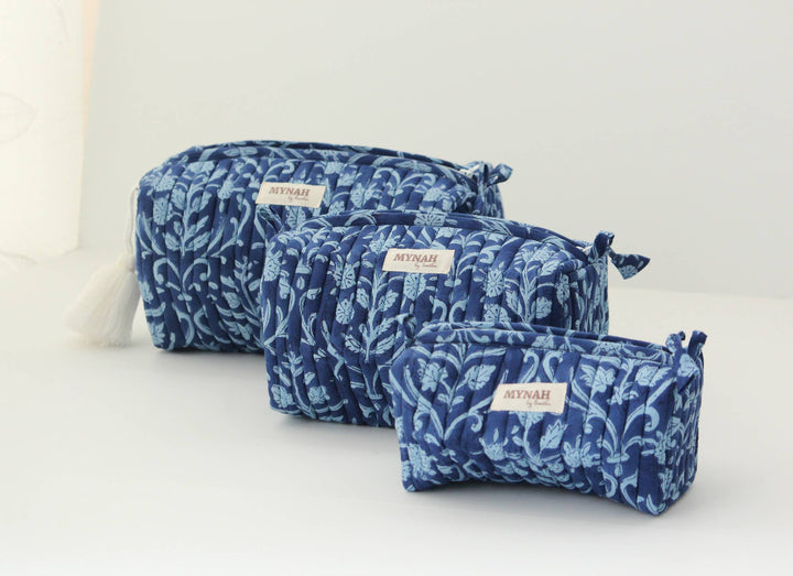 Quilted block print floral Makeup Bag- Choose From 3 Sizes
