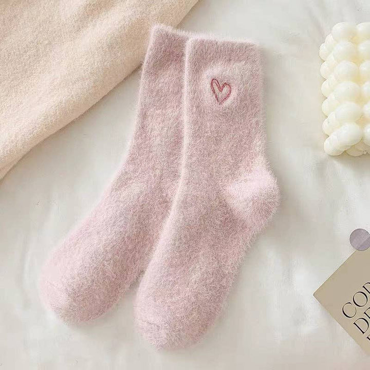 Cute Heart Embroidery Fuzzy Plush Socks
