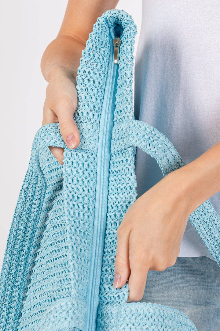 Solid Crochet Straw Tote Bag- Blue