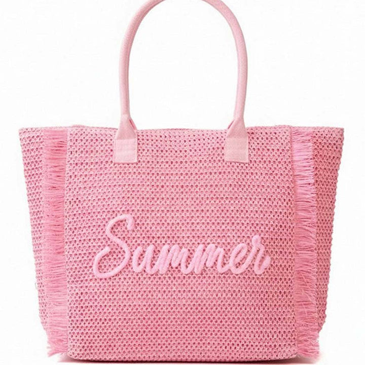 Woven Straw Fringe Tote With Summer Embroidery